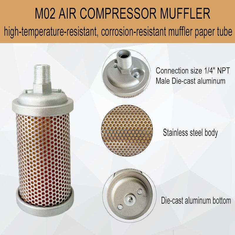 Bounetim M02 Air Compressor Muffler 1/4" NPT Male, Air Exhaust Silencer for Compressor Dryer Compressed Air Equipment and Systems, Single Chamber 145 PSI - Image 2